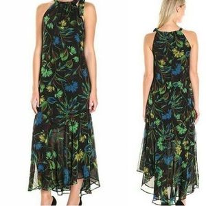 Just Taylor flowy chiffon tiered ruffle midi dress size 4 black floral EUC